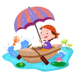 二十四节气谷雨小孩撑伞划船场景