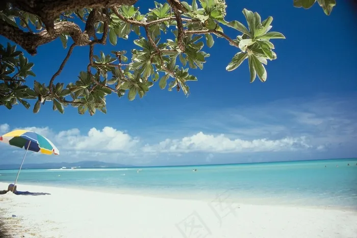 蓝天白云下的海洋沙滩