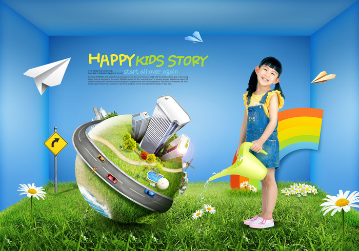 儿童小孩地球草地背景