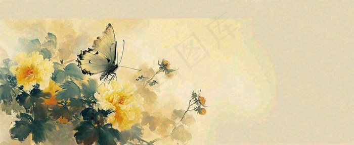 温馨纹理橙色花朵鲜花蝴蝶意境唯美，中国风(1712x704)