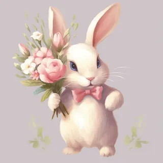 小白兔子拿着一束花卡通插画