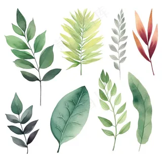 绿叶植物水彩插画免抠