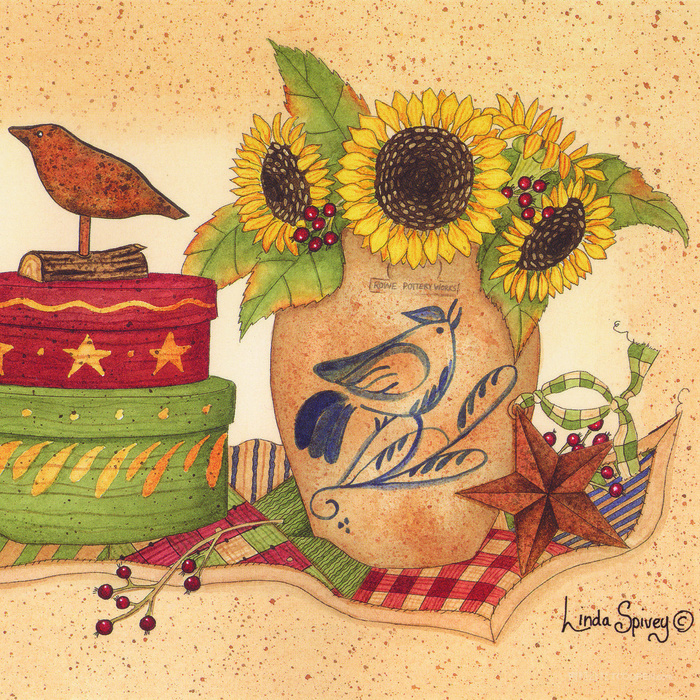 向日葵鸟儿复古油画