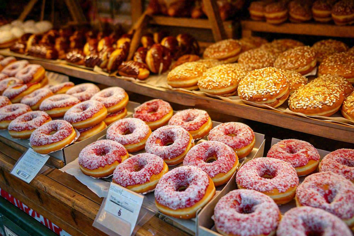 美食甜甜圈甜食蛋糕甜品面包街边店铺，木质复古