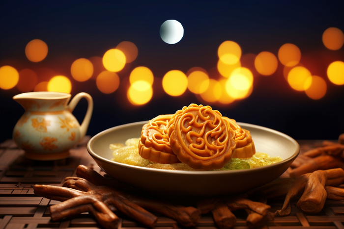 中秋月圆夜晚下餐桌上的美食月饼摄影图(4032x2688)