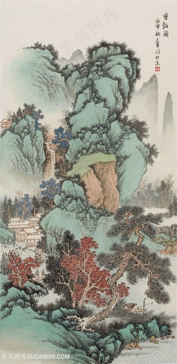 青绿山水43垂钓图王军河绘