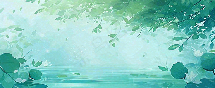 夏天池塘荷花池荷花荷叶河流插画手绘，夏至处暑小暑大暑(1712x704)