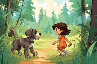 春天小女孩和小狗在森林里漫步手绘插画海报素材背景