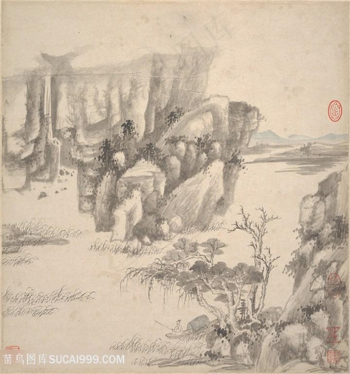 明代画家王鉴仿古册页渔舟垂钓国画图片