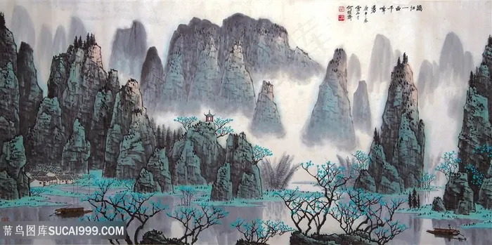 白雪石水墨巍峨山脉风景画