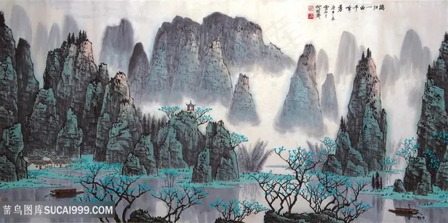 白雪石水墨巍峨山脉风景画 白雪石水墨巍峨山脉风景画