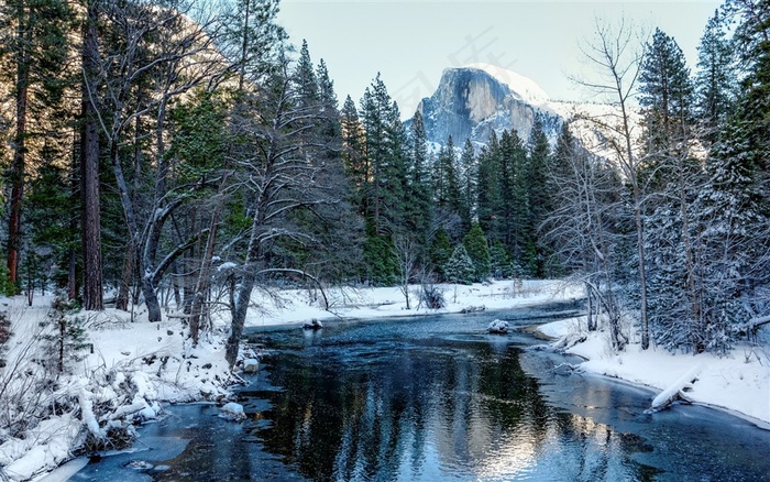 河流树林雪景