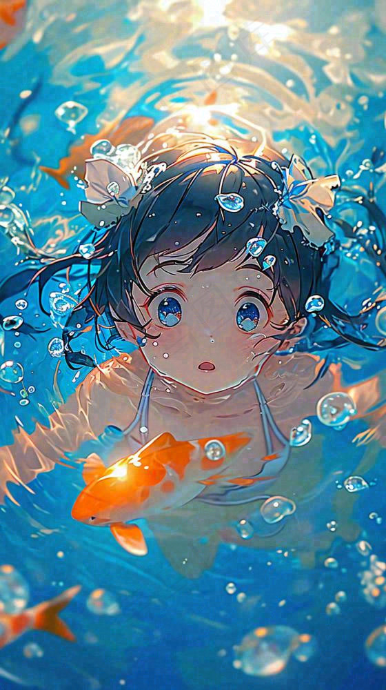 夏天泳池婴儿小孩游泳玩耍金鱼锦鲤，小暑大暑(816x1456)