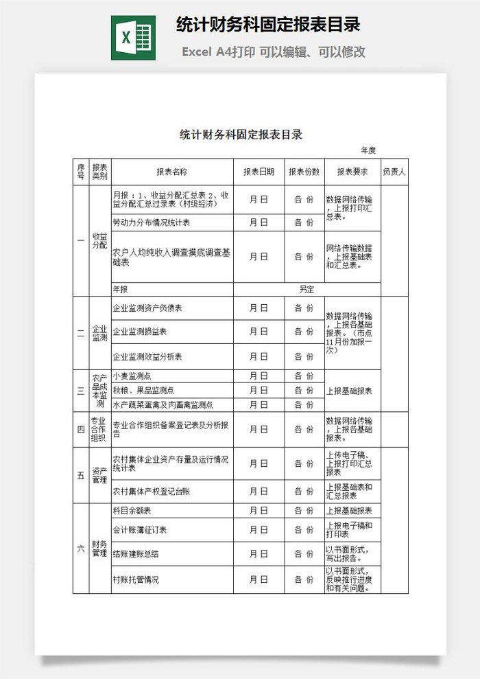 统计财务科固定报表目录excel模板
