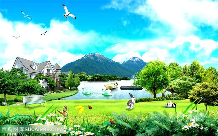 清新湖光山色背景