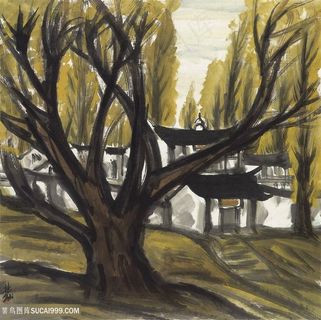 林风眠水彩树房子装饰画
