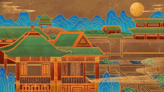 中国风国潮古建筑地标城市古风建筑阁楼印象地标手绘插画PSD素材