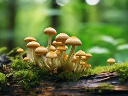 森林蘑菇枯木树干青苔苔藓摄影图