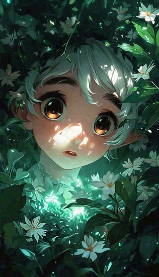 丛林里发着光的人，绿叶树林星光手绘插画