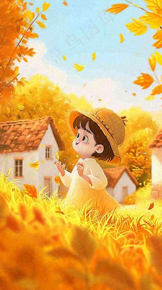 秋天温馨秋叶可爱少女插画，秋分小麦