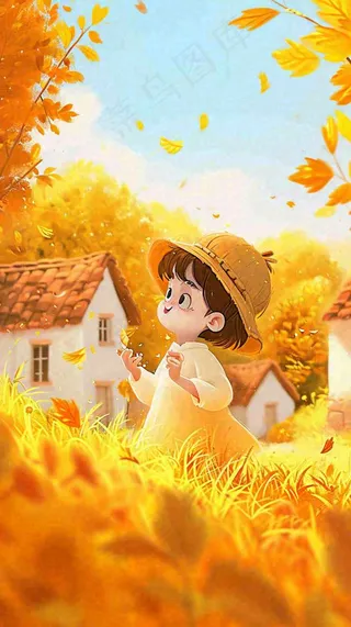 秋天温馨秋叶可爱少女插画，秋分小麦