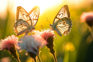 阳光下的两只蝴蝶停留在花朵上摄影图