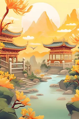 国潮花朵仙鹤云间背景