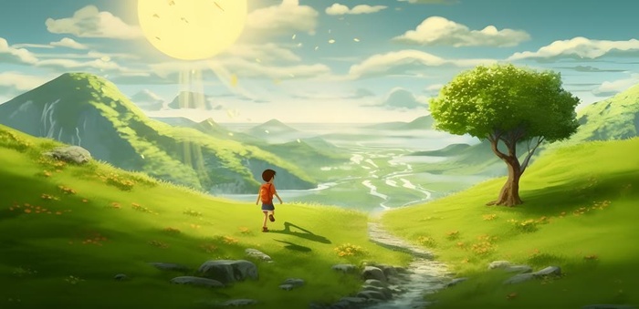 阳光下大树下的孩子草原背景