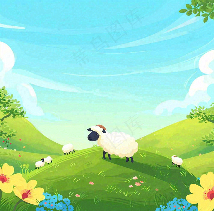 卡通手绘绿色春天草地鲜花花朵绵羊