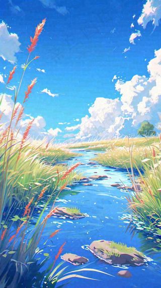 蓝天白云草地溪流春天阳光灿烂的日子春分春风，插画手绘