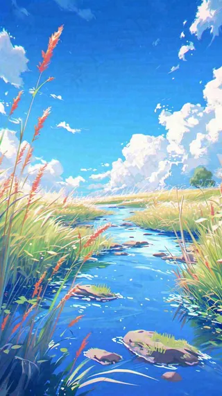 蓝天白云草地溪流春天阳光灿烂的日子春分春风，插画手绘