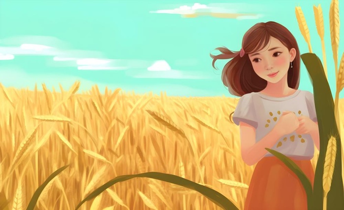 小麦麦穗穿裙子的女孩黄色插画背景(5632x3456)