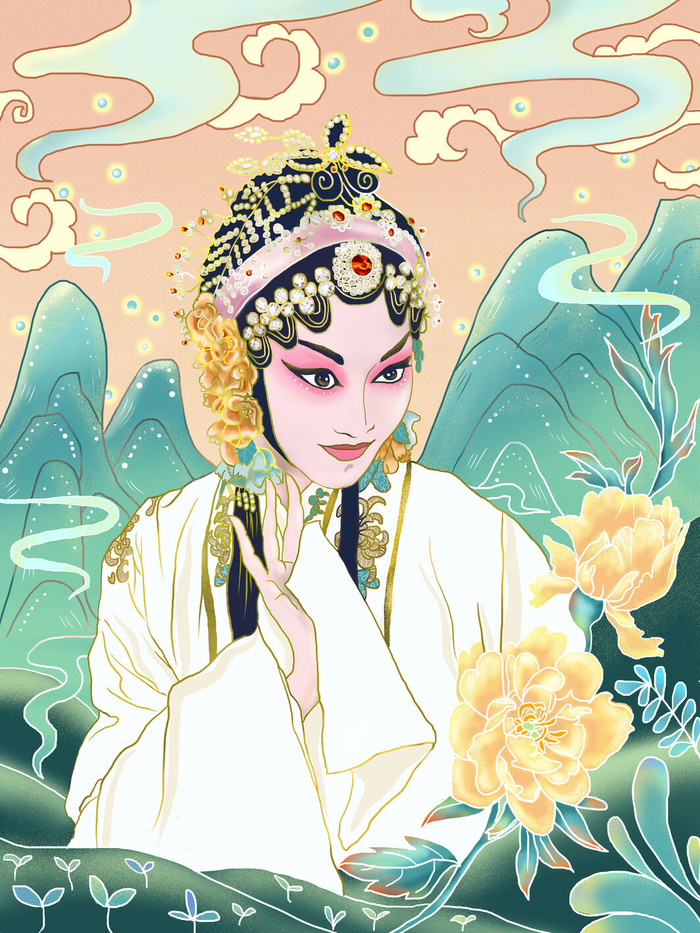 手绘中国风国潮京剧戏曲人物插画古风国粹花旦ai矢量ps设计素材图psd模版下载