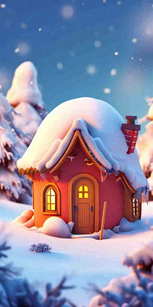 冬天红色雪屋雪地雪花，卡通可爱