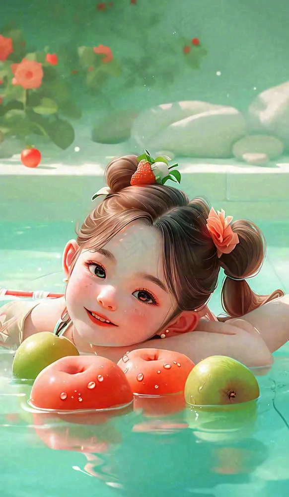 夏日清爽游泳儿童戏水，水果西瓜清凉，夏至大暑小暑(816x1402)