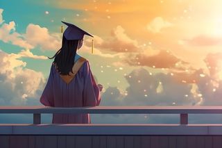 天空彩虹白云毕业的女孩插画背景