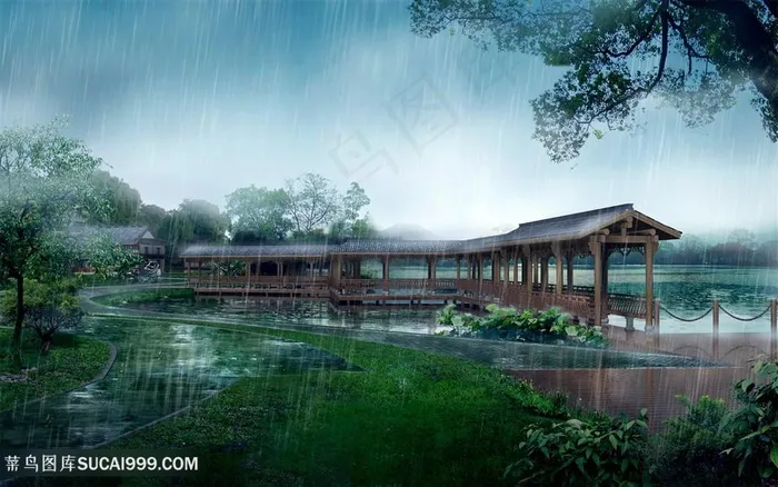 公园湖畔美景风景画