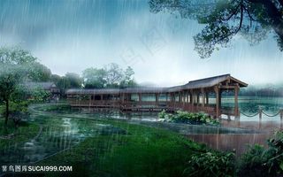 公园湖畔美景风景画