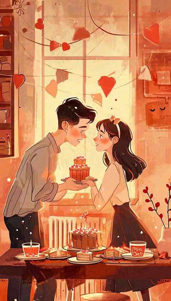 情人节情侣浪漫圣诞节日温馨生日会，插画手绘，居家餐厅美食(832x1456)
