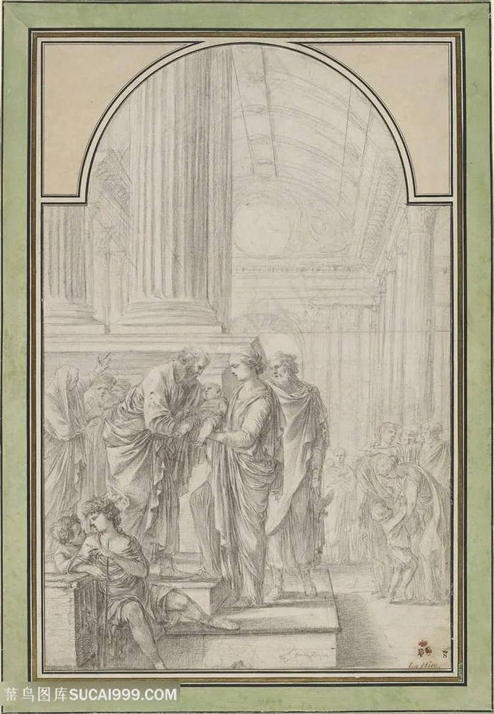 罗马柱室内人物素描装饰画