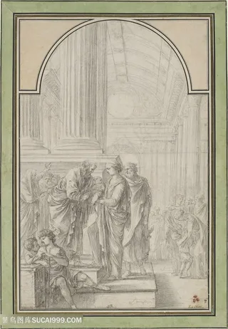 罗马柱室内人物素描装饰画