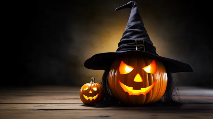 万圣节搞怪南瓜灯恐怖夜晚摄影图(4368x2448)