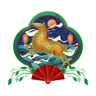 中国风国潮十二生肖马手绘烫金插画春节剪纸元素PSD设计素材