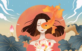 中国艺术风女孩绘画PSD素材