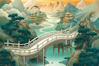 国潮云间建筑树枝插画背景