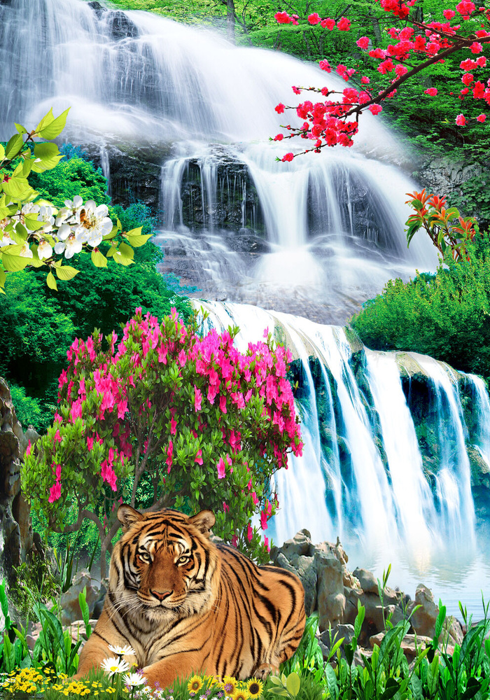 山水花卉老虎玄关装饰画