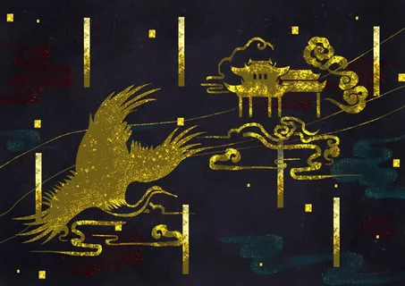 国潮鎏金复古烫金国风孔雀仙鹤装饰画素材PSD