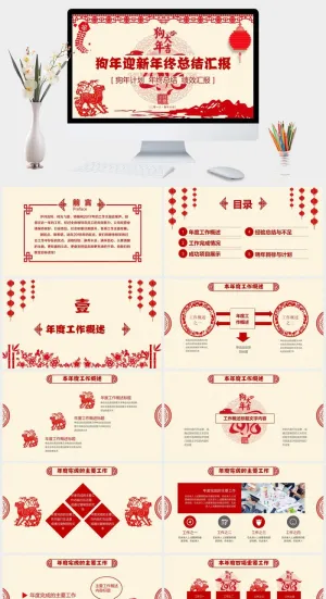 红色狗年迎新年终总结汇报PPT模板预览图