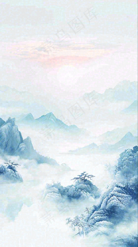 中国风山雾云海山脉意境山水画(816x1456)