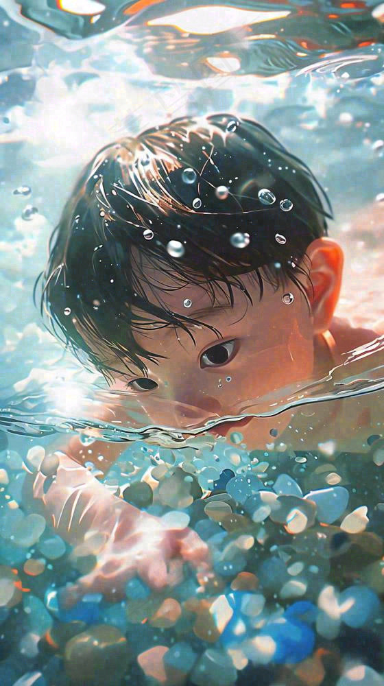 夏天儿童男孩水里游泳戏水，小暑大暑